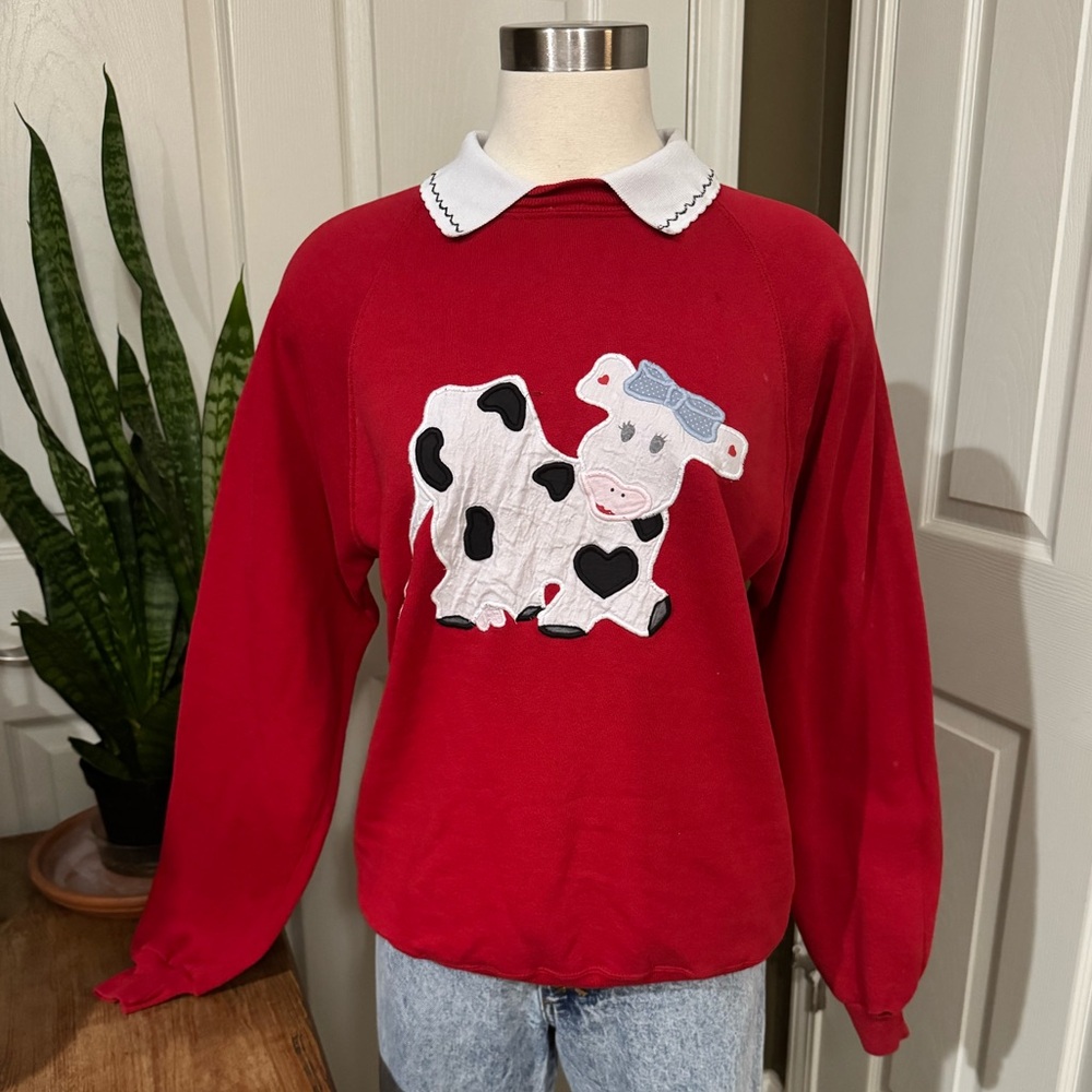 Vintage Kawaii‎ Cow Graphic Fleece Sweatshirt Collared L Cottagecore